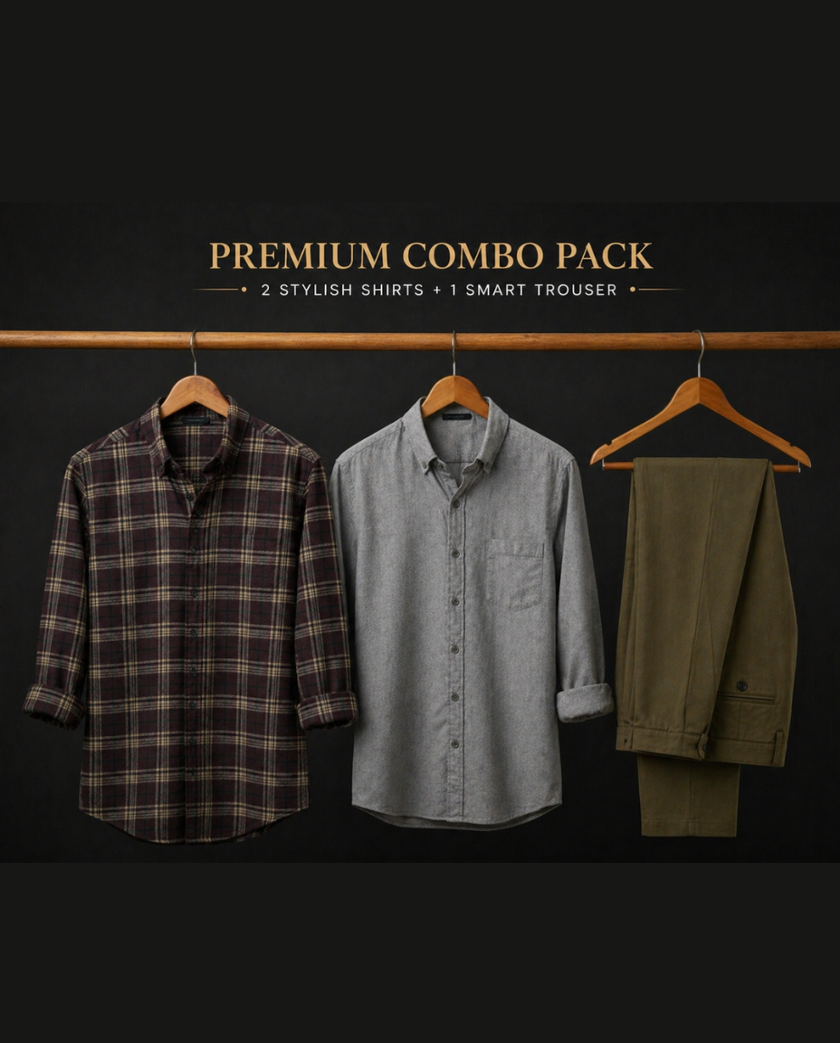 Men’s Smart Casual Combo Set (2 Shirts + 1 Chino Trouser)