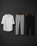 Men's White Shirt + Grey & Black Trousers Combo (Pack of 3)