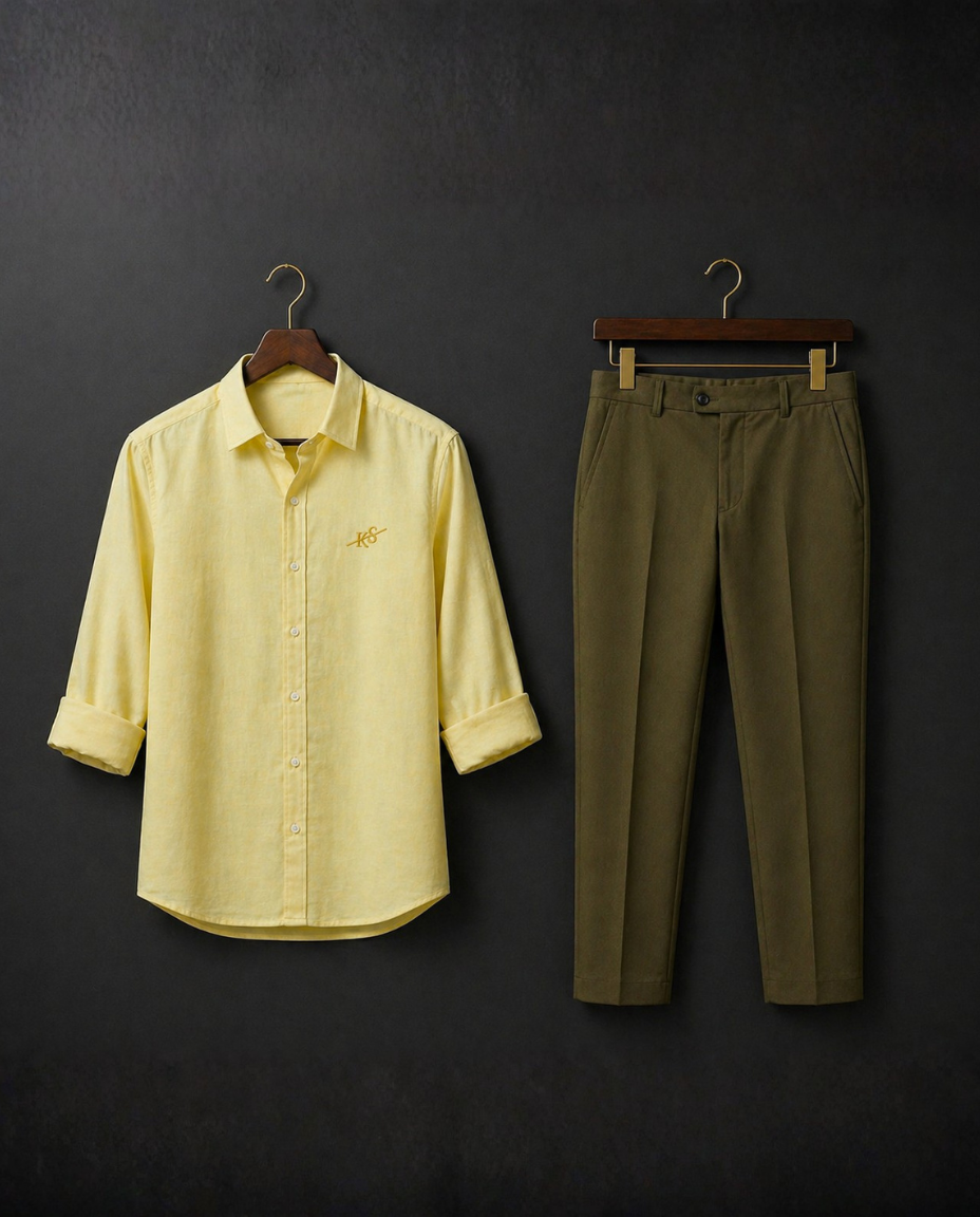 Men’s Light Yellow Shirt with Olive Green Trouser Combo