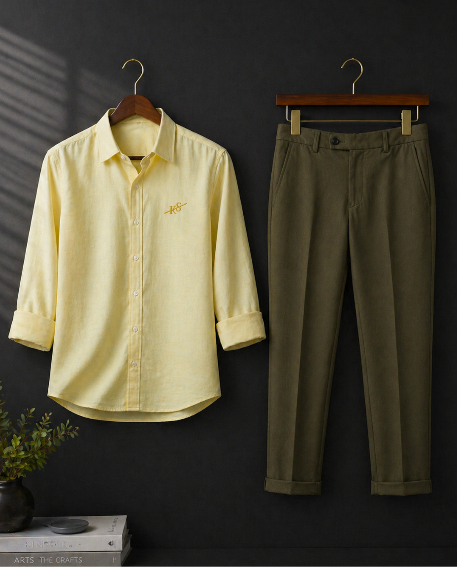 Men’s Light Yellow Shirt with Olive Green Trouser Combo