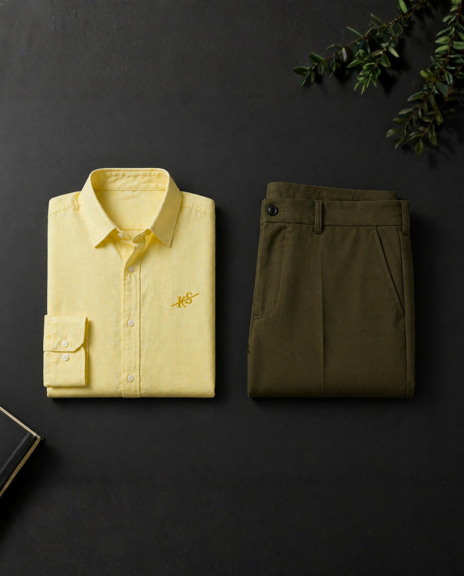 Men’s Light Yellow Shirt with Olive Green Trouser Combo