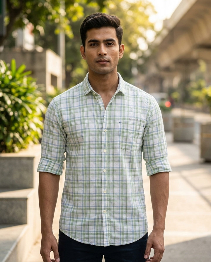 Men’s Sage Green Plaid Shirt – Premium Checked Shirt with Relaxed Elegance