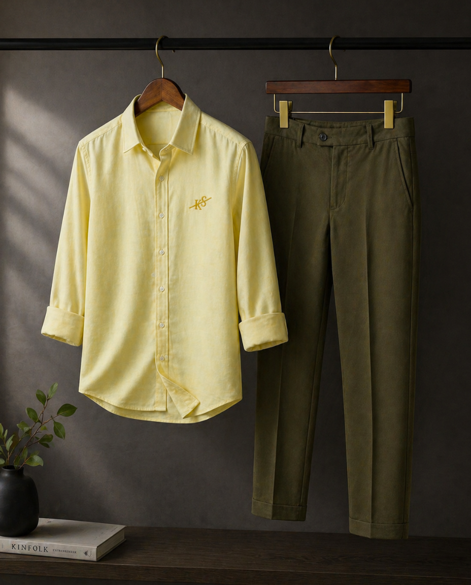 Men’s Light Yellow Shirt with Olive Green Trouser Combo
