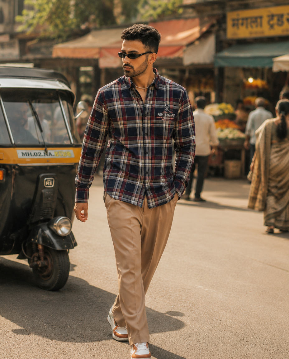 Men’s Maroon & Navy Checked Casual Shirt