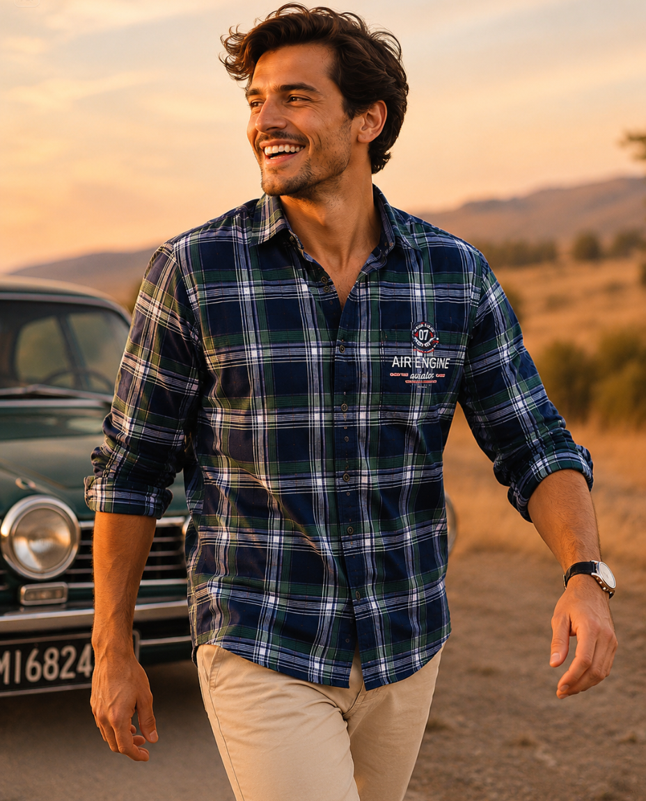 Men’s Blue & Green Checked Casual Shirt