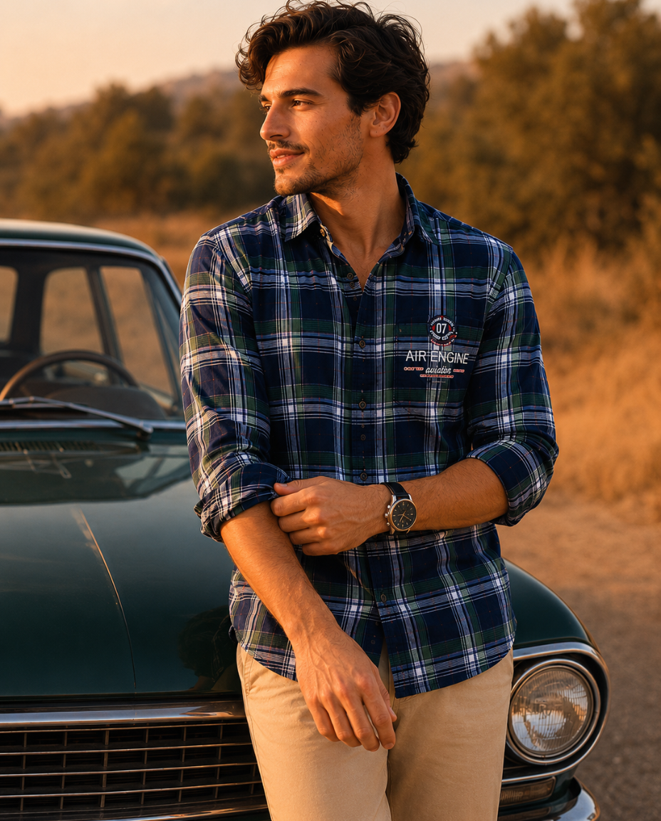 Men’s Blue & Green Checked Casual Shirt