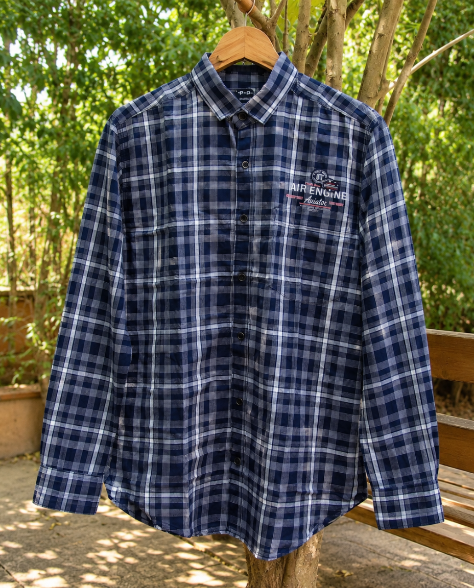 Men’s Navy Blue Checked Casual Shirt