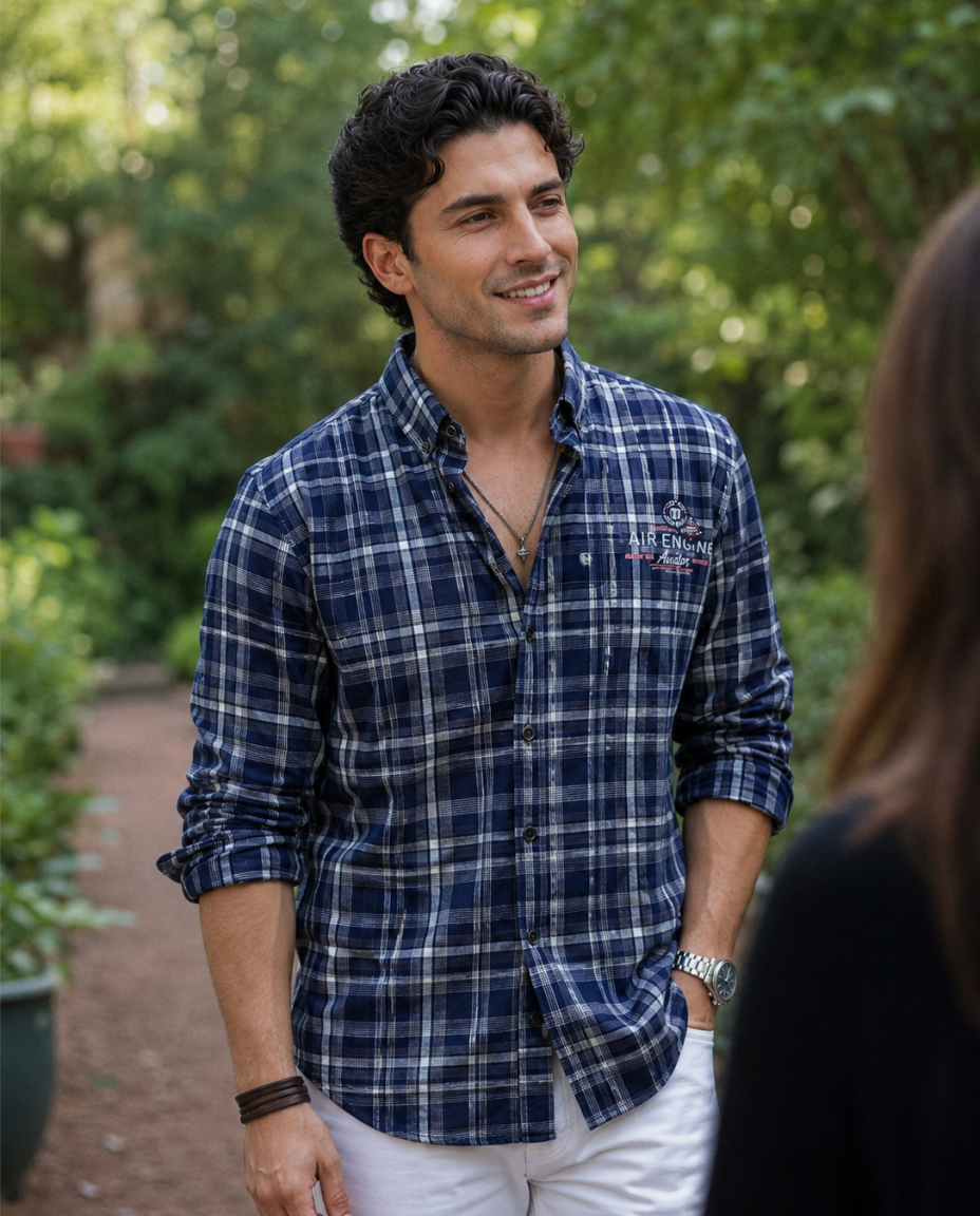 Men’s Navy Blue Checked Casual Shirt