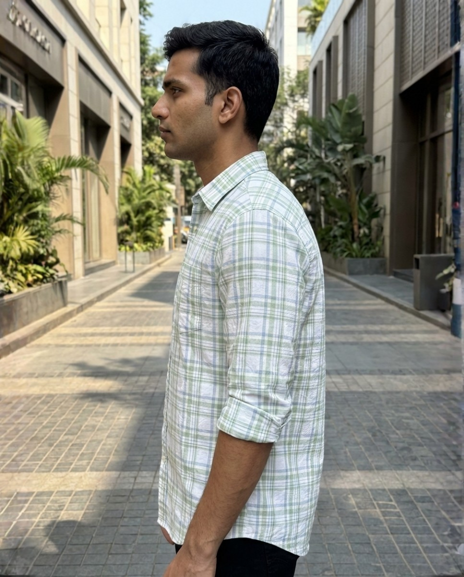 Men’s Sage Green Plaid Shirt – Premium Checked Shirt with Relaxed Elegance