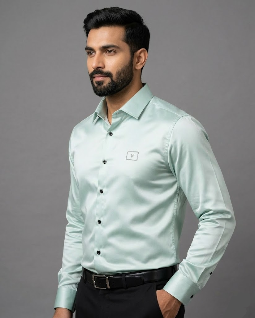 Men’s Mint Green Satin Solid Shirt with Elegant Sheen