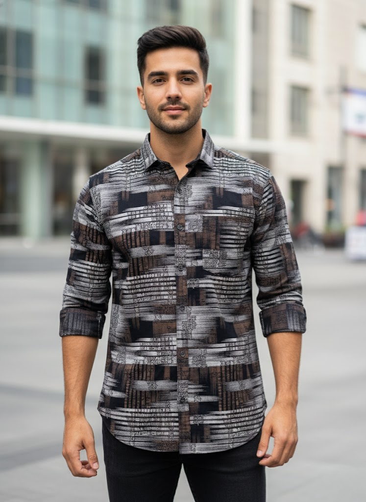 Urban Matrix Printed Cotton Shirt – Charcoal Brown Edition