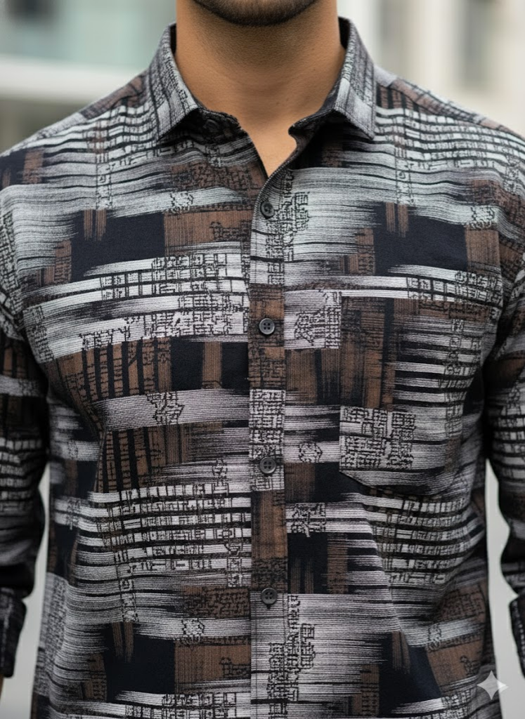 Urban Matrix Printed Cotton Shirt – Charcoal Brown Edition