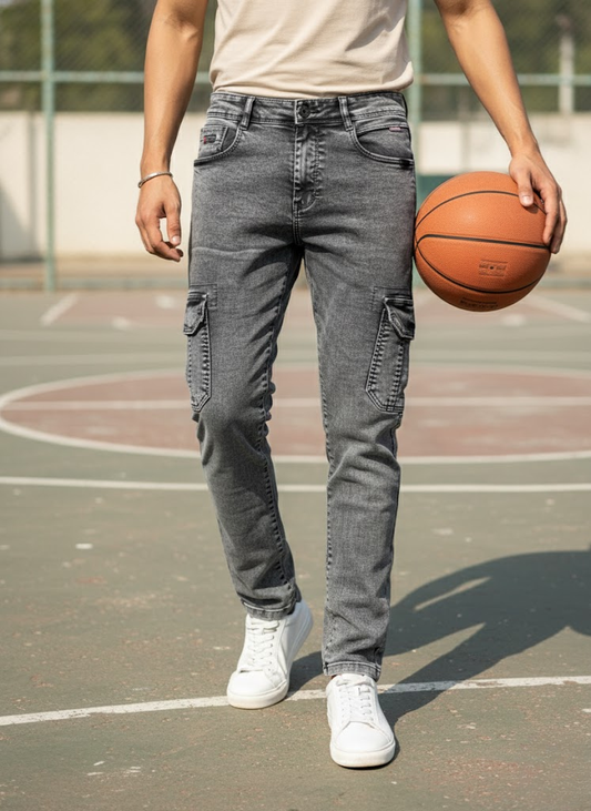 Ash Grey Stretch Washed Cargo Jeans – Urban Street Fit
