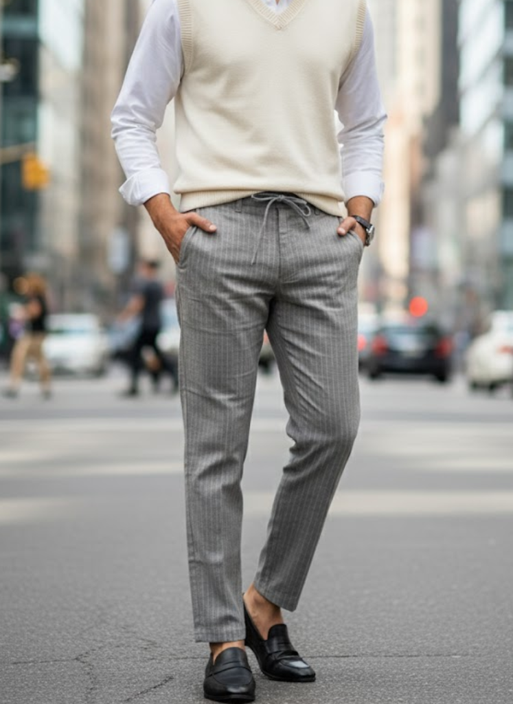 Grey Pinstripe Smart Linen Trousers – Modern Tailored Fit