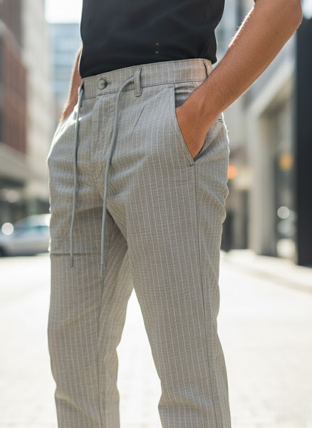 Grey Pinstripe Smart Linen Trousers – Modern Tailored Fit