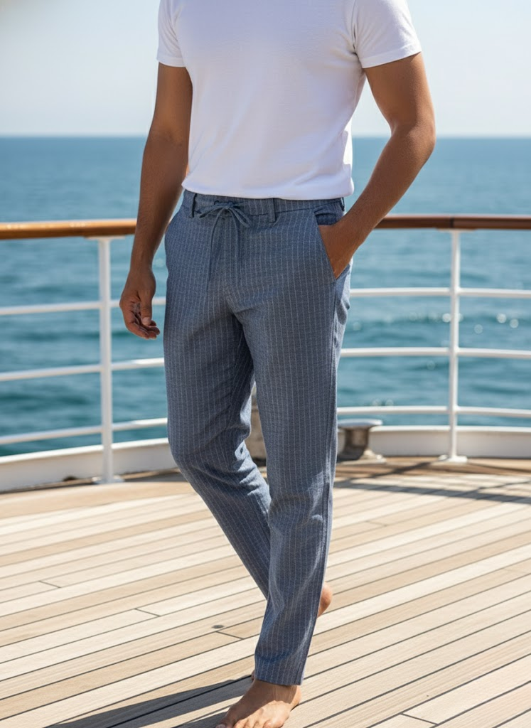 Sky Blue Pinstripe Drawstring Trousers – Resort Smart Fit
