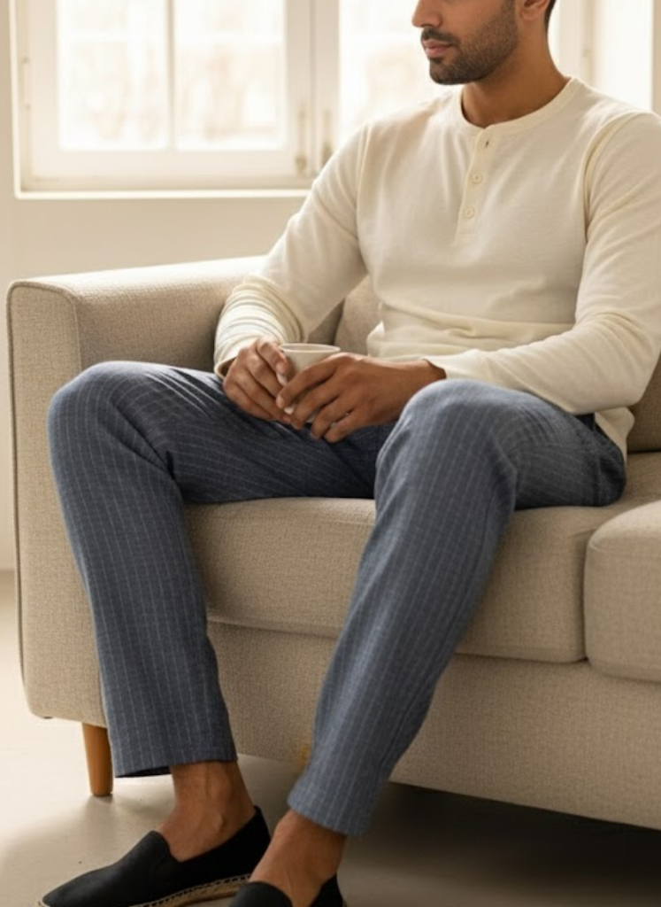 Sky Blue Pinstripe Drawstring Trousers – Resort Smart Fit