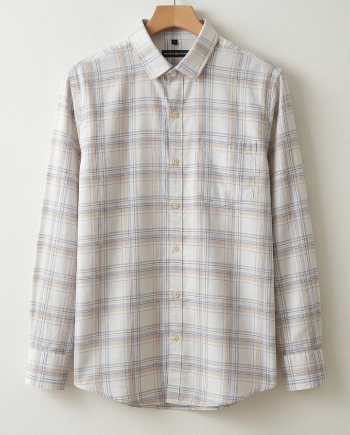 Men’s Ivory Beige Check Shirt – Premium Soft Plaid with Tailored Elegance