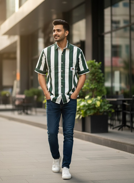 Forest Bold Striped Cotton Shirt – Classic Green Edition