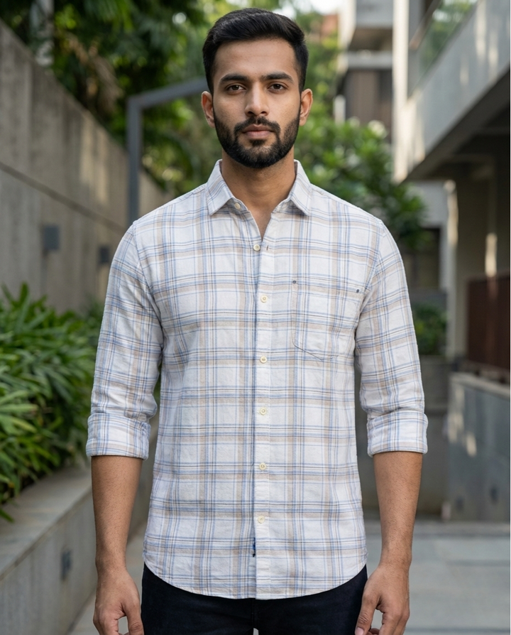 Men’s Ivory Beige Check Shirt – Premium Soft Plaid with Tailored Elegance