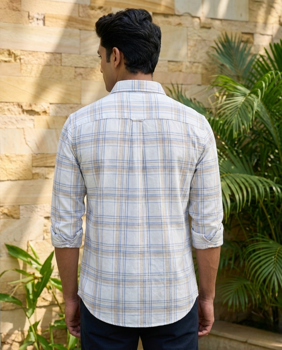 Men’s Ivory Beige Check Shirt – Premium Soft Plaid with Tailored Elegance