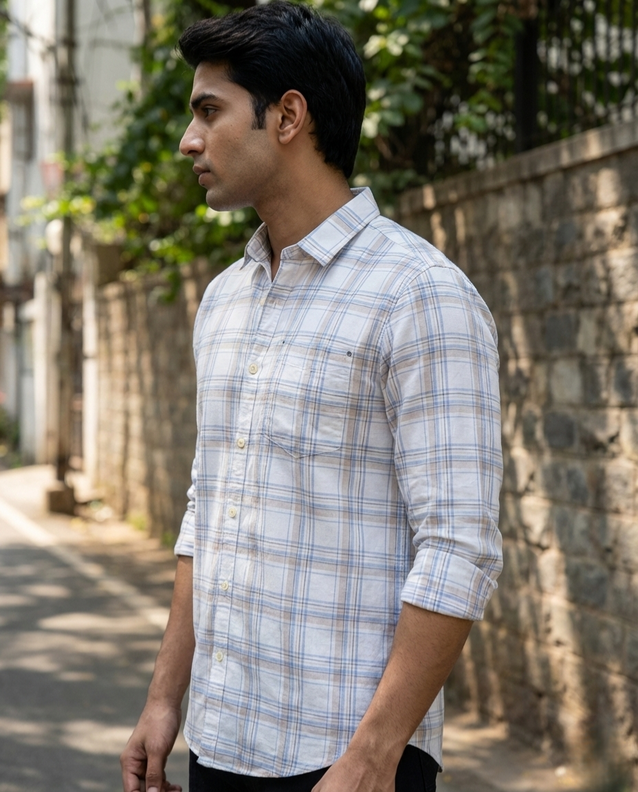 Men’s Ivory Beige Check Shirt – Premium Soft Plaid with Tailored Elegance