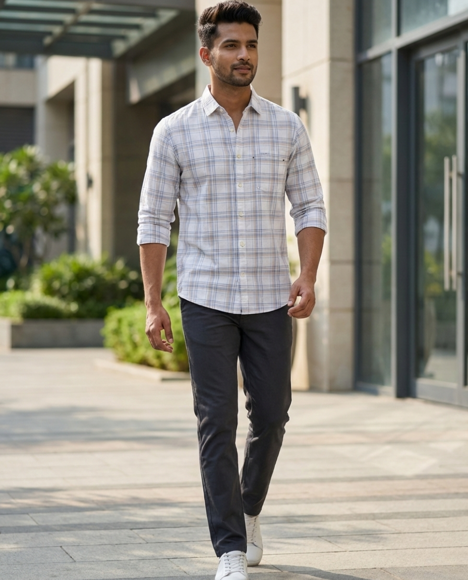 Men’s Ivory Beige Check Shirt – Premium Soft Plaid with Tailored Elegance
