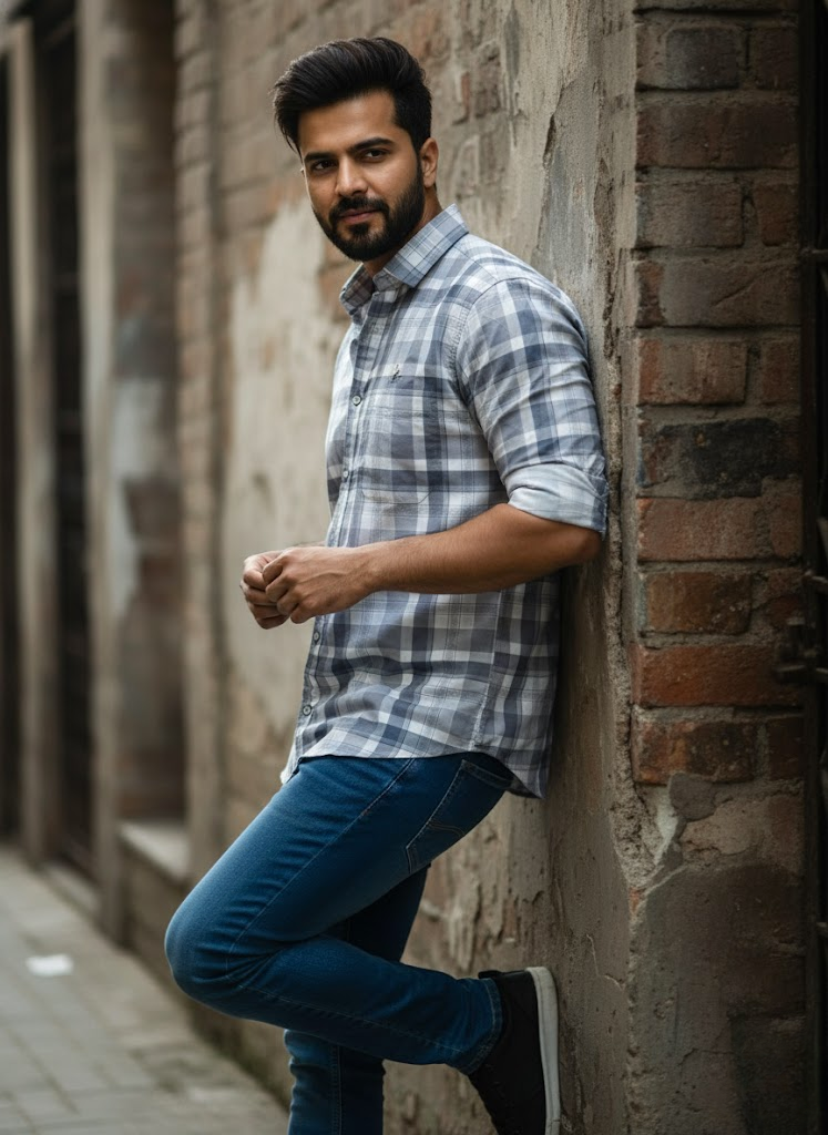 Grey & White Men’s Casual Check Shirt