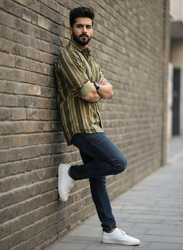 Green & Brown Striped Casual Shirt