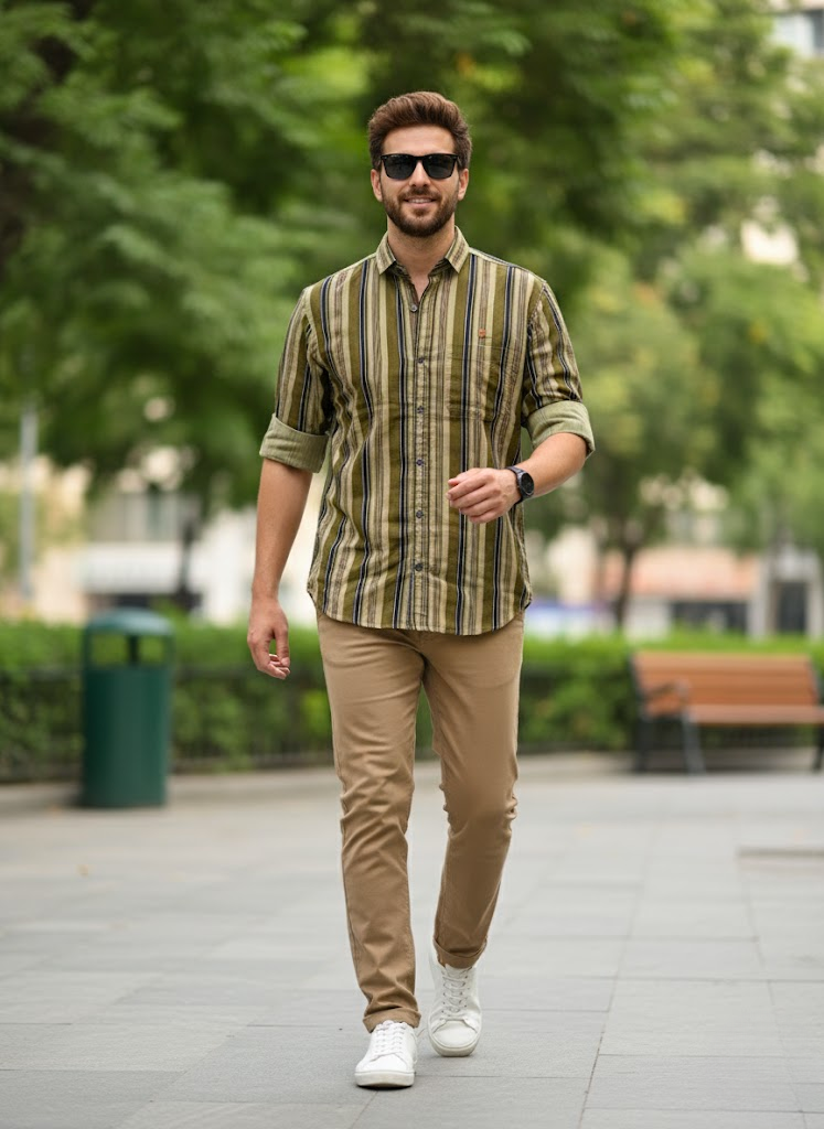 Green & Brown Striped Casual Shirt