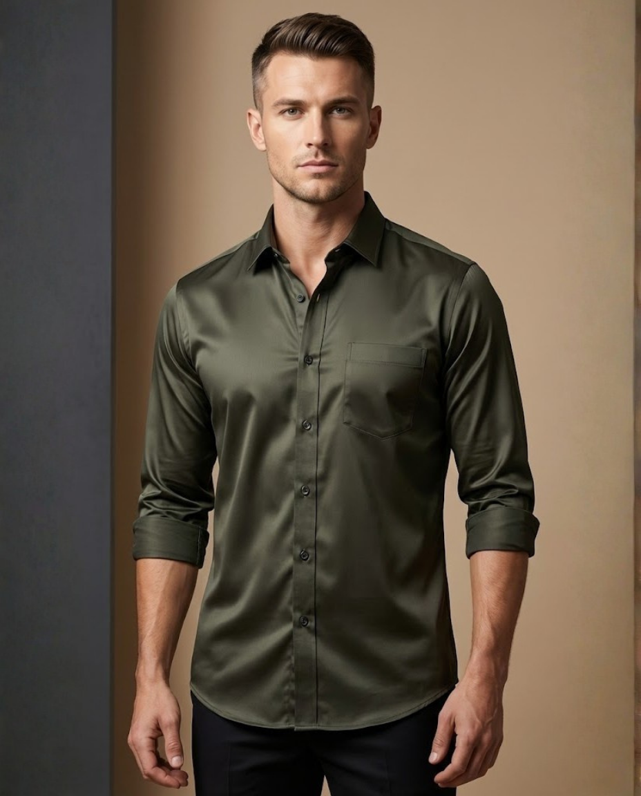 Men’s Olive Satin-Finish Solid Shirt with Sharp Tailoring | Premium Smart Wear