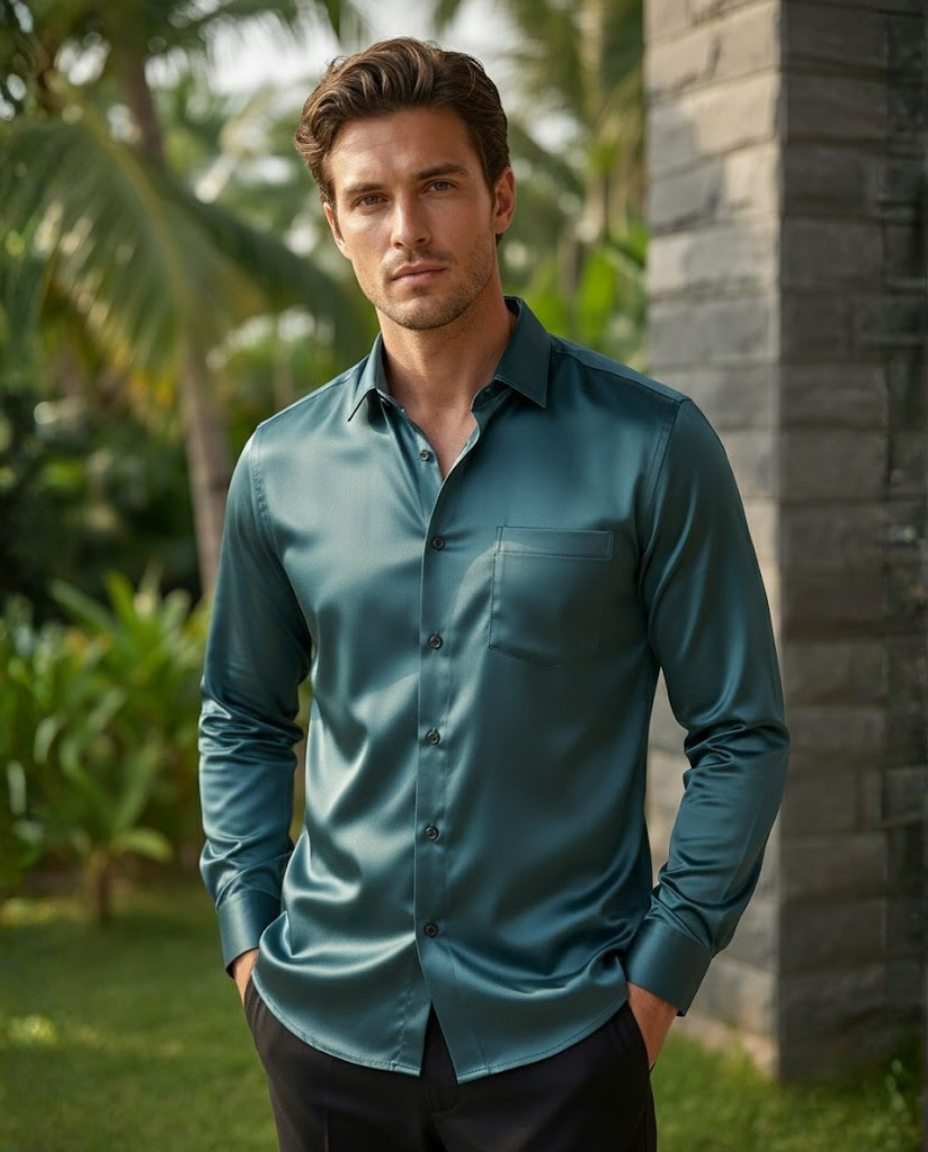 Men’s Deep Teal Satin-Finish Solid Shirt with Sharp Tailoring | Premium Smart Wear
