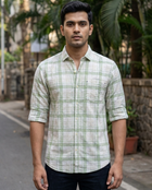 Men’s Soft Green Pure Cotton Check Shirt – Premium Plaid with Relaxed Tailored Fit