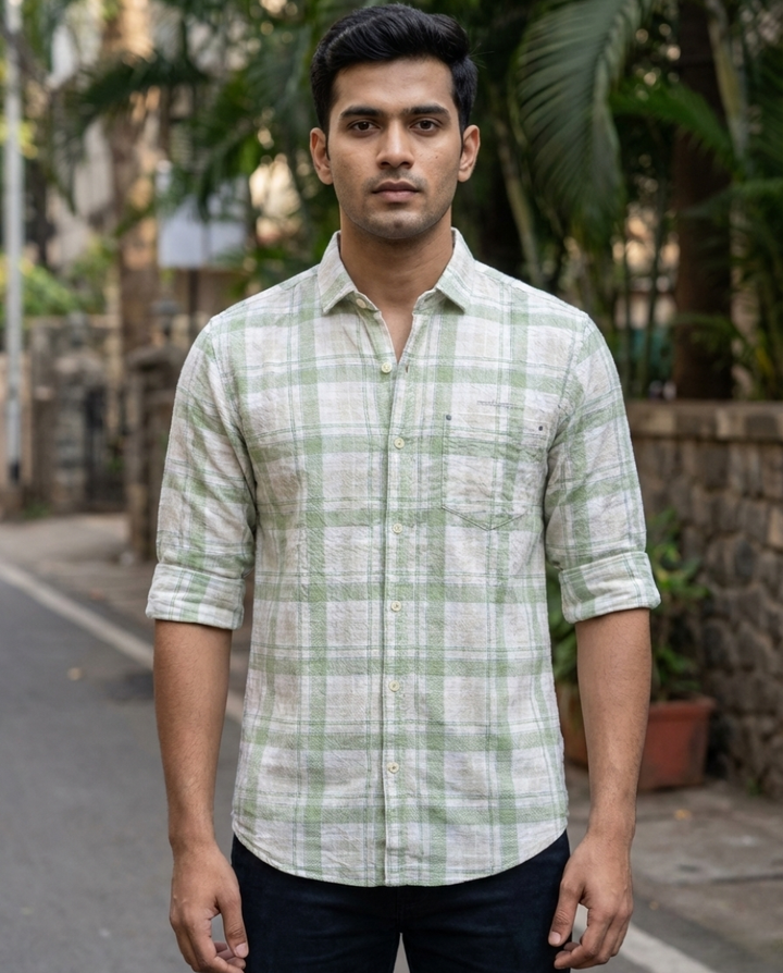 Men’s Soft Green Pure Cotton Check Shirt – Premium Plaid with Relaxed Tailored Fit