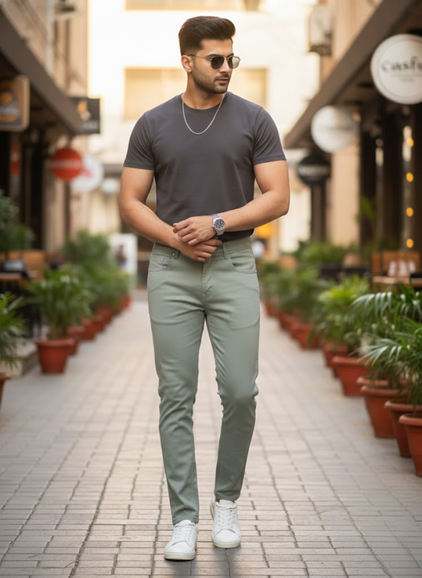 Men’s Olive Green Slim Fit Casual Trousers with Modern Stretch