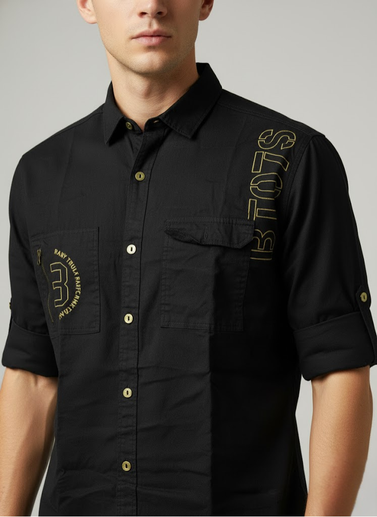 Men’s Double Pocket Black Cotton Stylish Casual Shirt