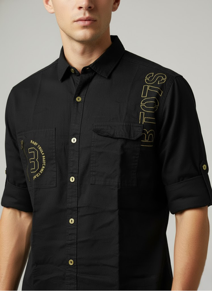 Men’s Double Pocket Black Cotton Stylish Casual Shirt