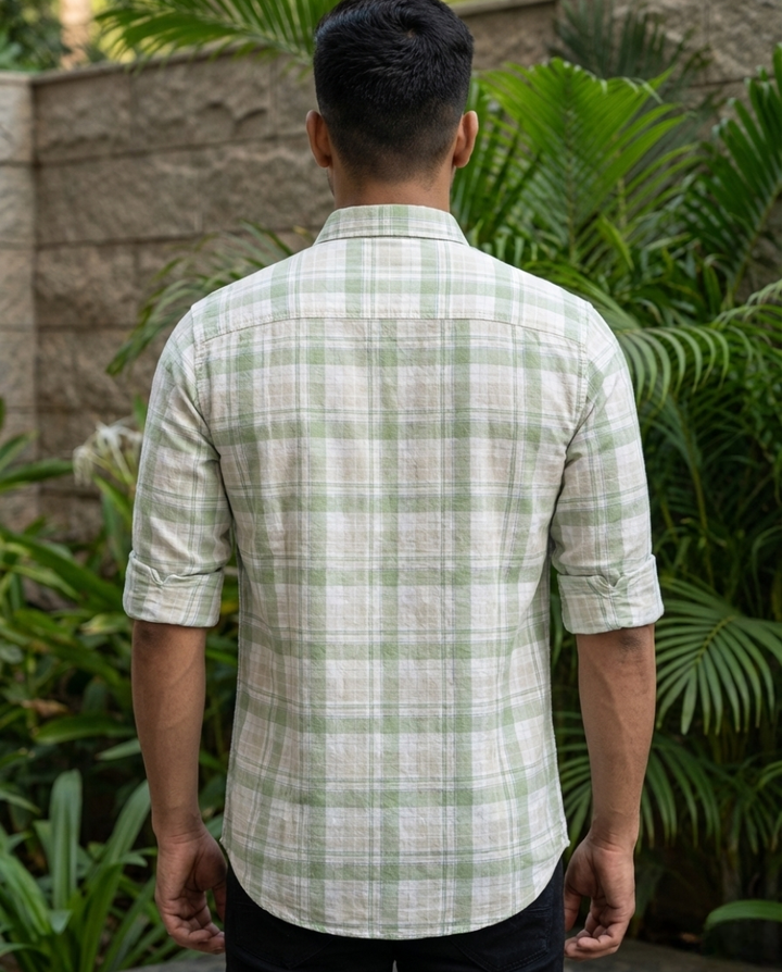 Men’s Soft Green Pure Cotton Check Shirt – Premium Plaid with Relaxed Tailored Fit