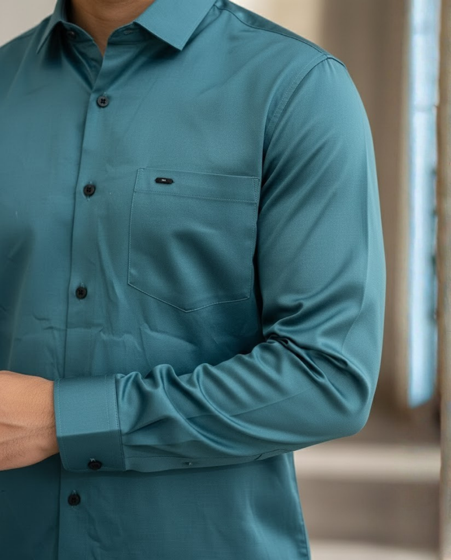 Men’s Deep Teal Satin-Finish Solid Shirt with Sharp Tailoring | Premium Smart Wear