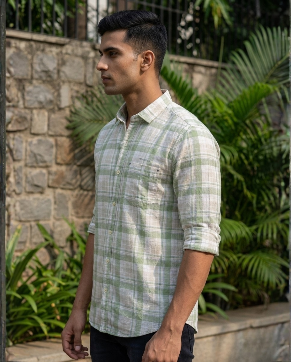 Men’s Soft Green Pure Cotton Check Shirt – Premium Plaid with Relaxed Tailored Fit