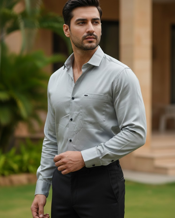 Men’s Sage Grey Satin-Finish Solid Shirt with Sharp Tailoring | Premium Smart Wear