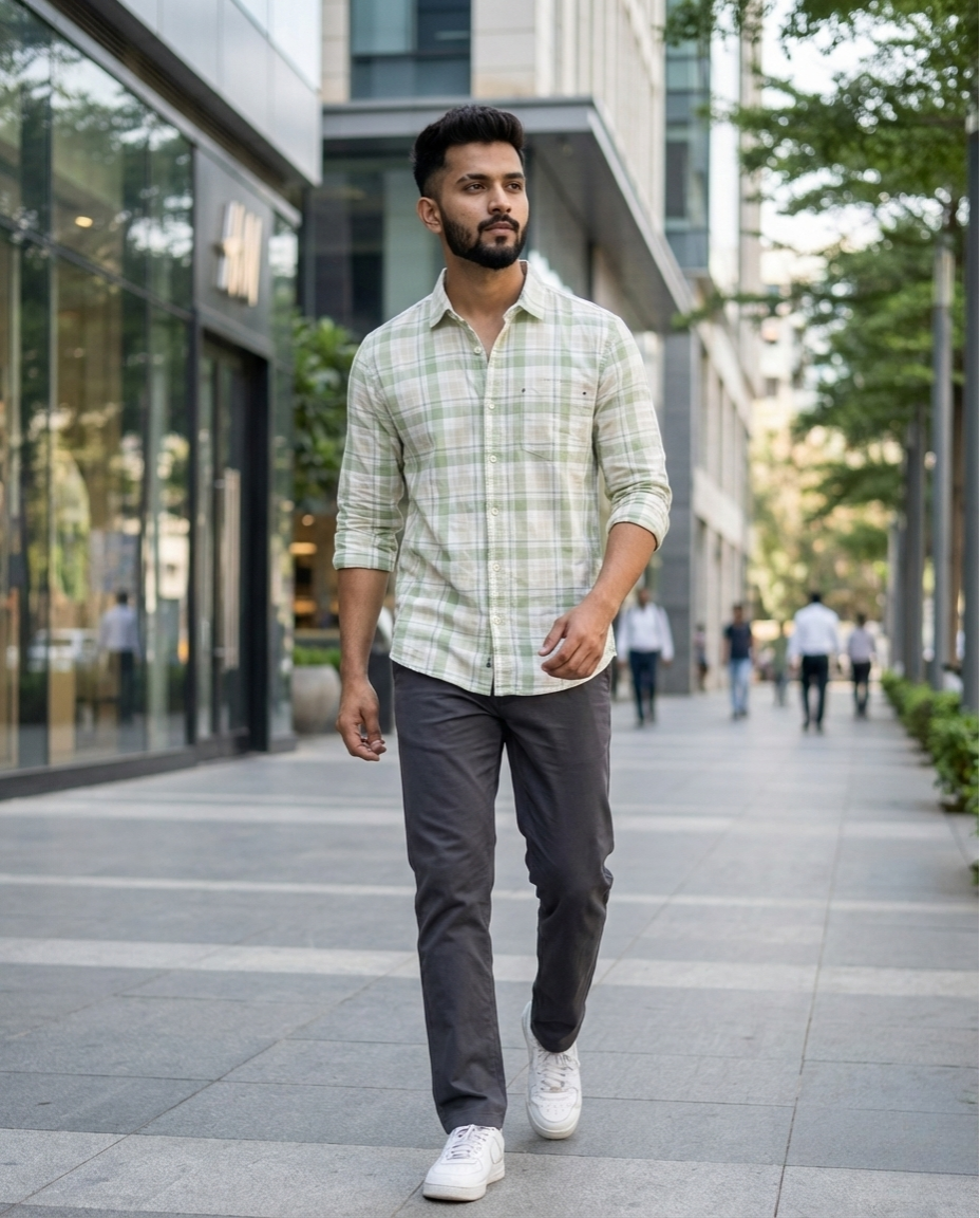 Men’s Soft Green Pure Cotton Check Shirt – Premium Plaid with Relaxed Tailored Fit