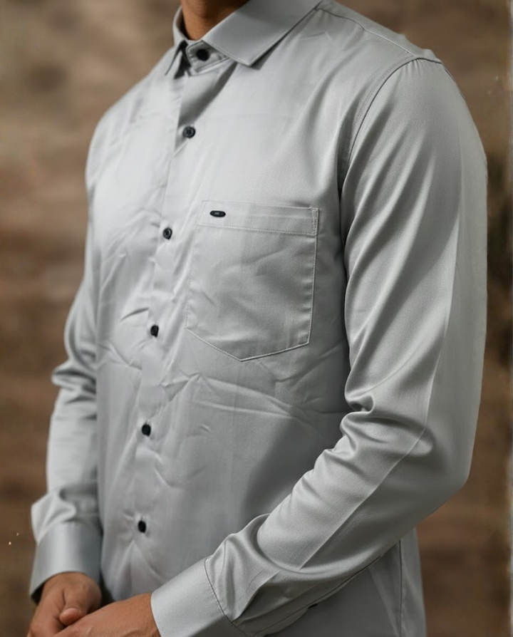 Men’s Sage Grey Satin-Finish Solid Shirt with Sharp Tailoring | Premium Smart Wear