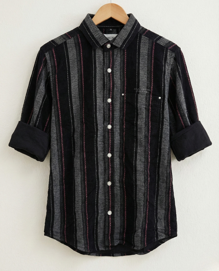 Men’s Black Vertical Stripe Corduroy Shirt with Subtle Contrast Detailing | Premium Casual Wear
