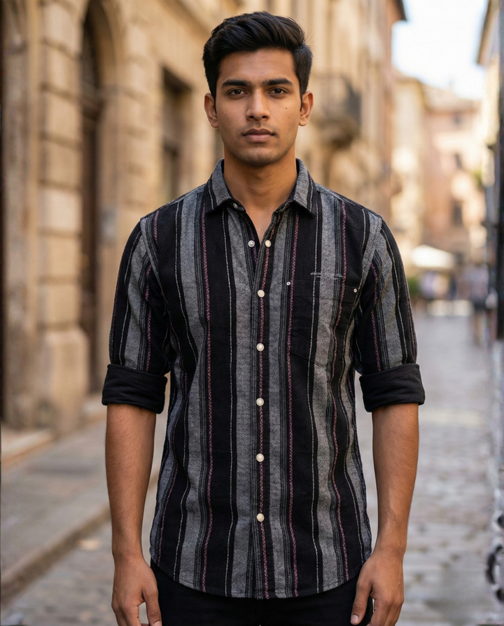 Men’s Black Vertical Stripe Corduroy Shirt with Subtle Contrast Detailing | Premium Casual Wear