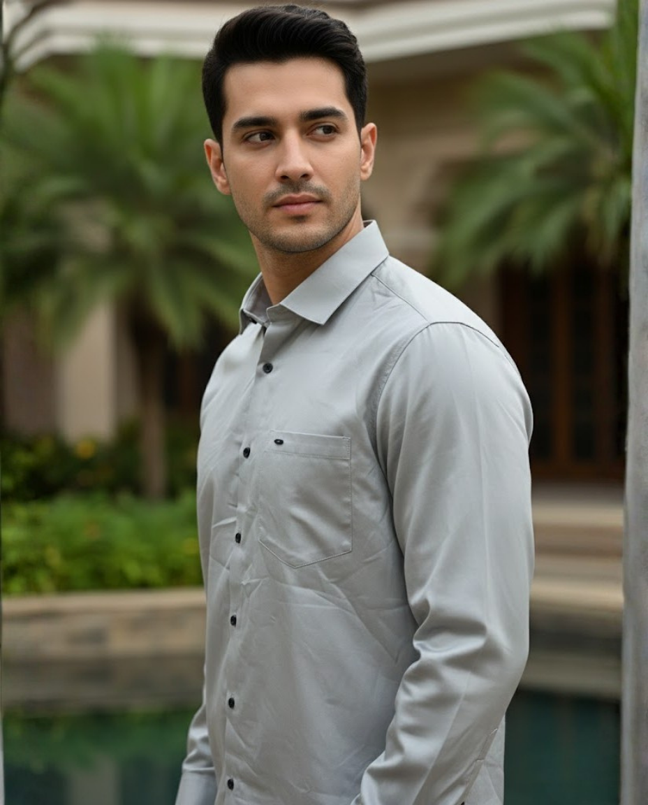 Men’s Sage Grey Satin-Finish Solid Shirt with Sharp Tailoring | Premium Smart Wear