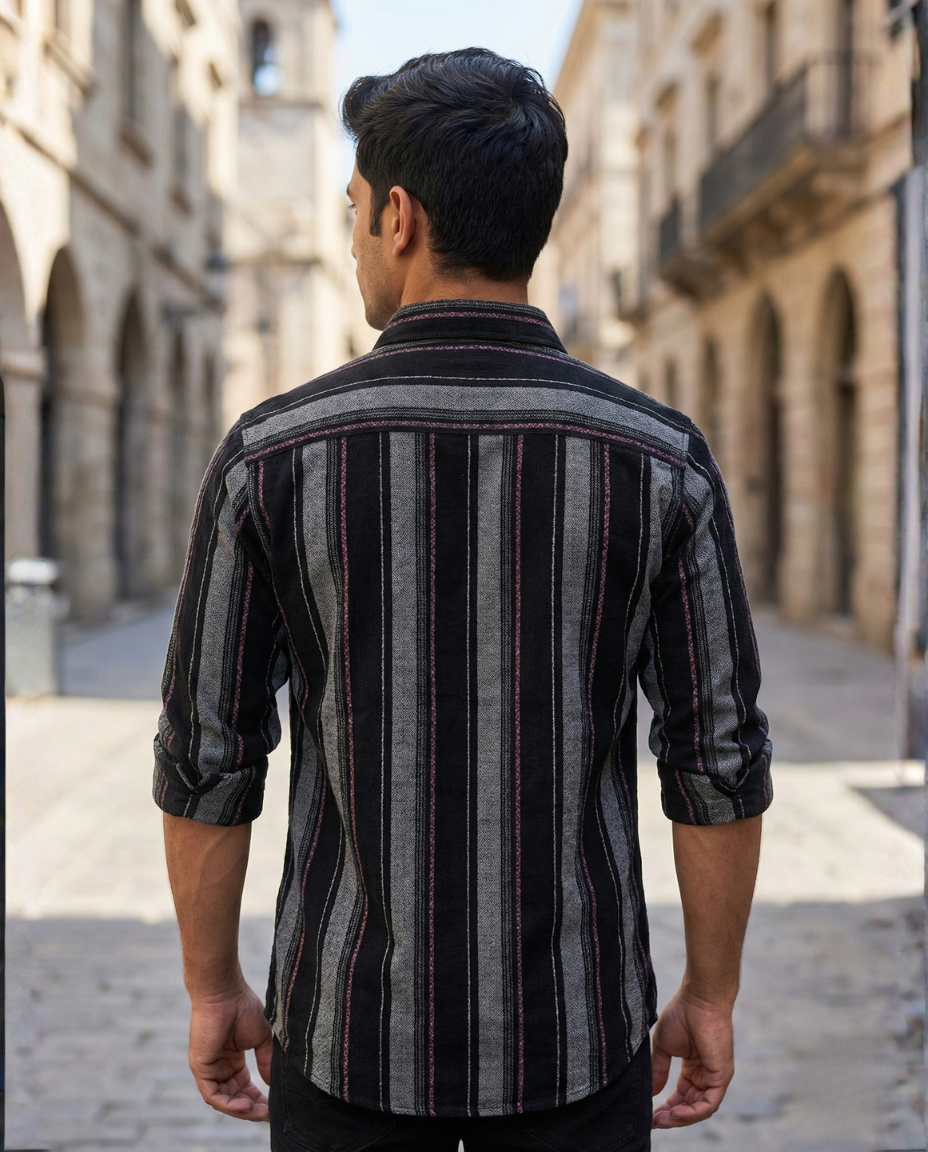 Men’s Black Vertical Stripe Corduroy Shirt with Subtle Contrast Detailing | Premium Casual Wear