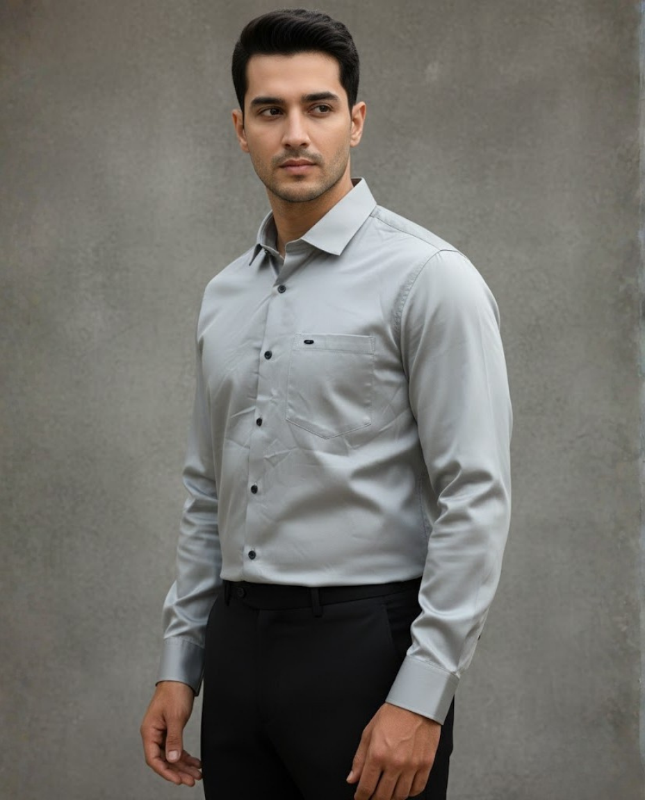 Men’s Sage Grey Satin-Finish Solid Shirt with Sharp Tailoring | Premium Smart Wear