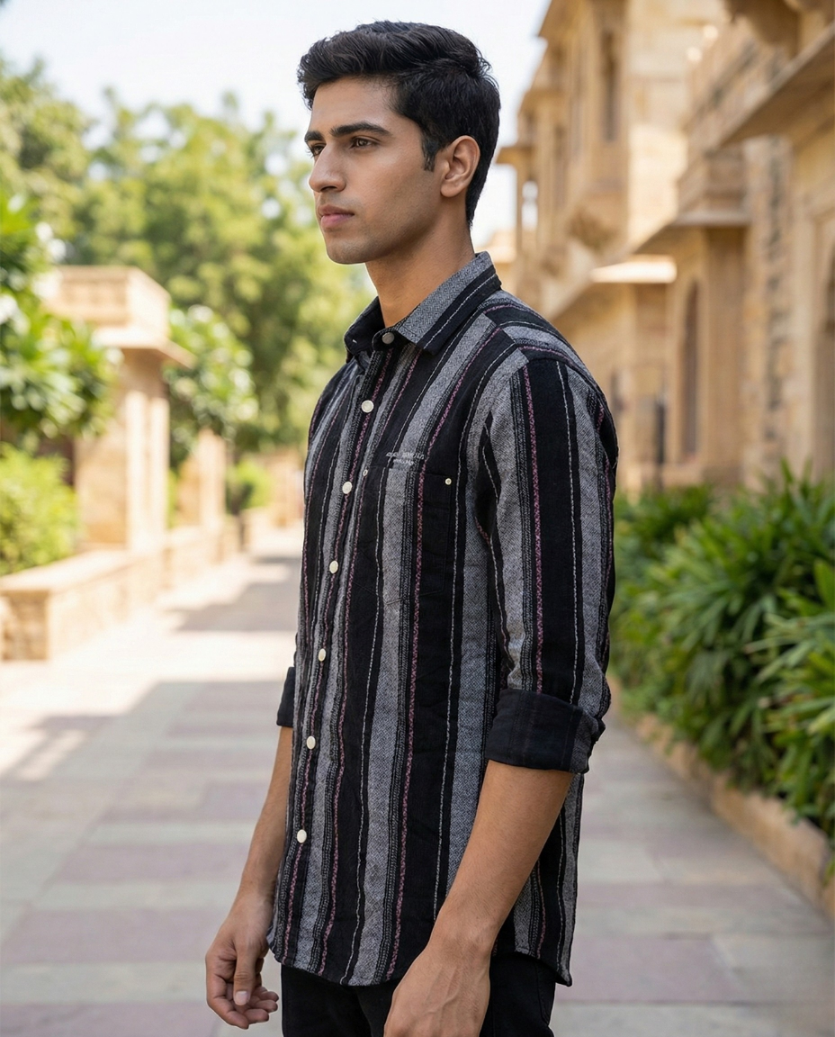 Men’s Black Vertical Stripe Corduroy Shirt with Subtle Contrast Detailing | Premium Casual Wear