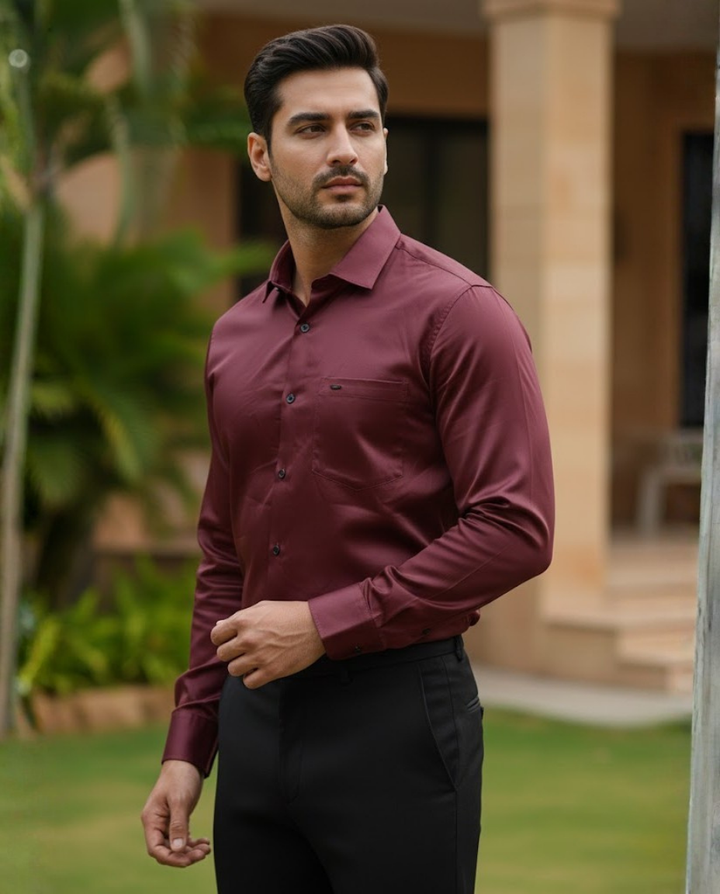 Men’s Maroon Satin-Finish Solid Shirt with Sharp Tailoring | Premium Evening & Formal Wear